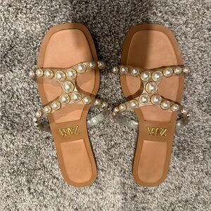 Zara Brown Pearl-Adorned Sandals
